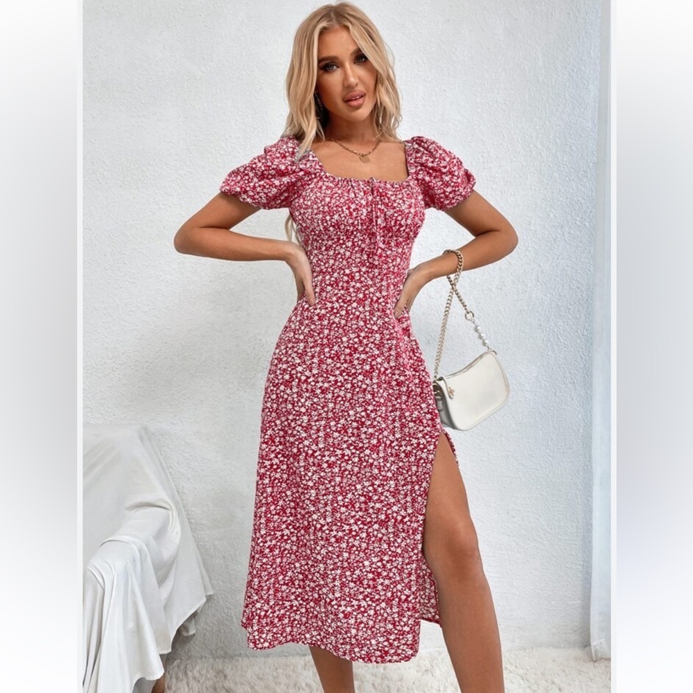 Ditsy Floral Midi Sundress with Slit and Puff Sleeves